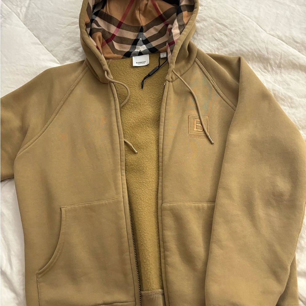 Burberry Camel Hoodie with Iconic Plaid Lining